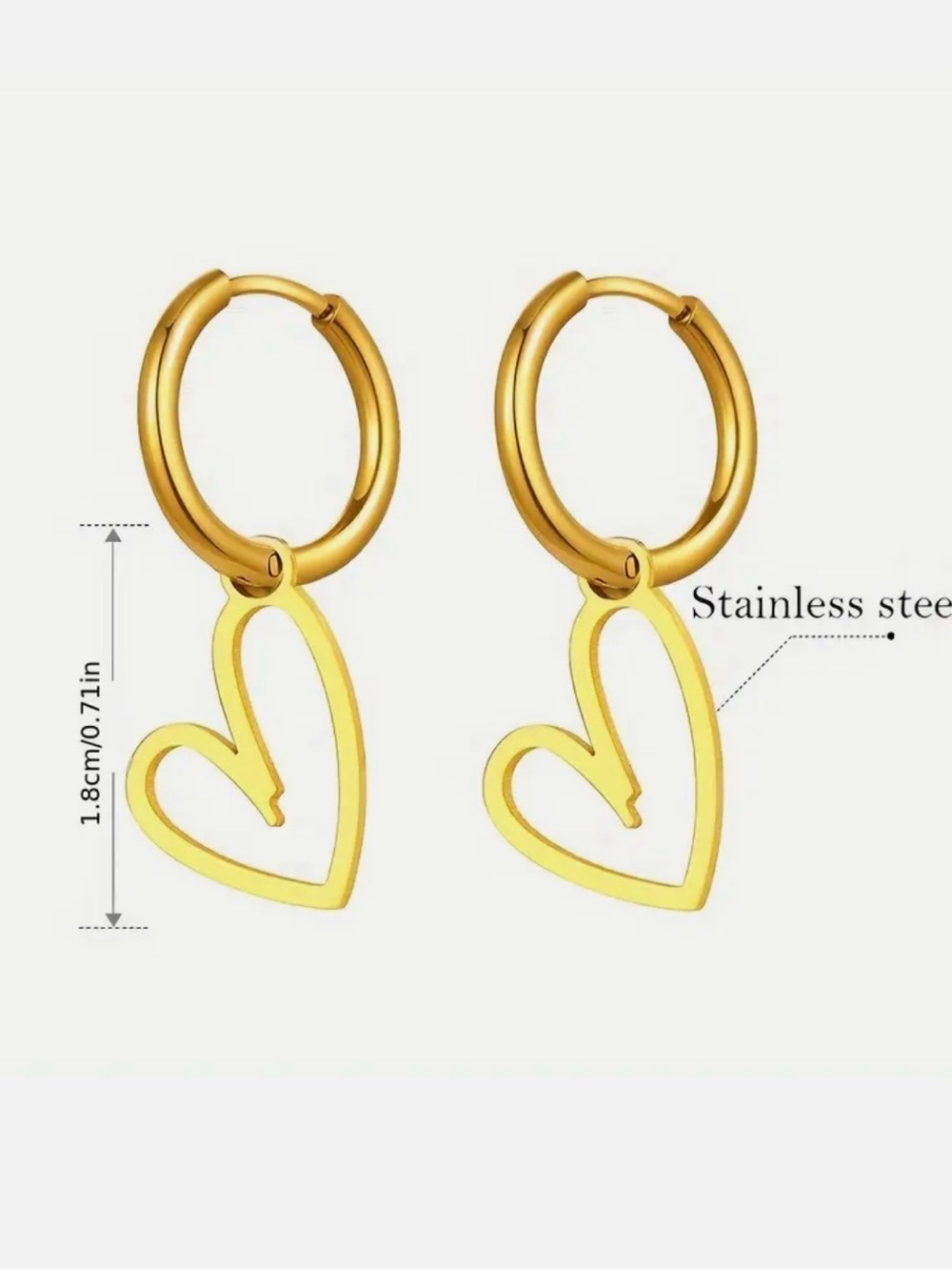 Gold Heart Hoop Drop Earrings - Stainless Steel - Picture 3 of 8